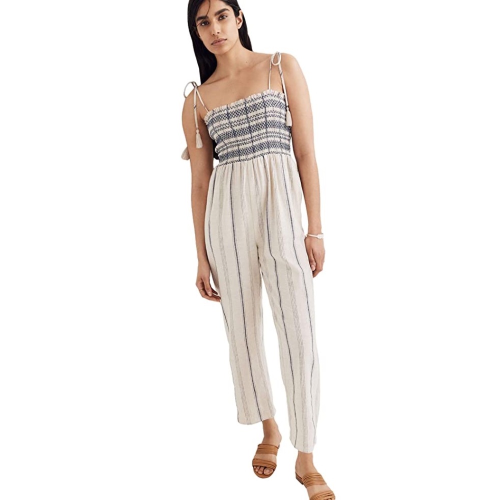 Madewell smocked tie linen jumpsuit pockets S
